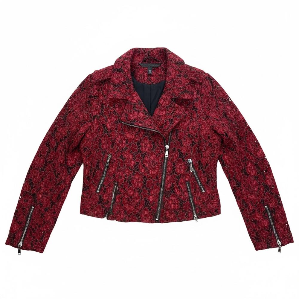 WHBM Women's LACE MOTO STYLE JACKET Red ZIPPER ACCENTS Wine Red Size LARGE